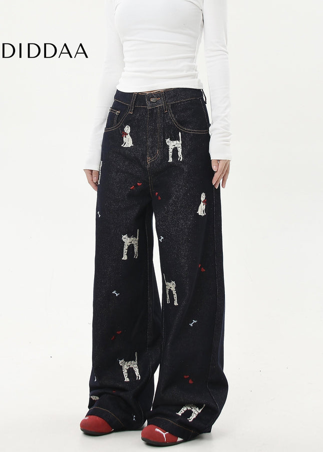 Blue Embroidered Cat Puppy Loose Leg Jeans for All - Women’s Jeans