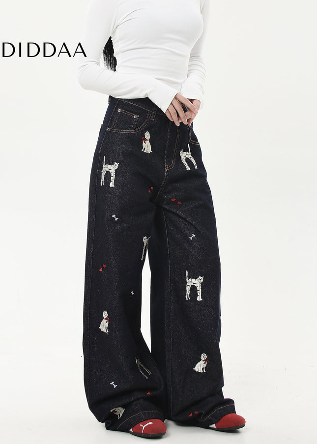 Blue Embroidered Cat Puppy Loose Leg Jeans for All - Women’s Jeans