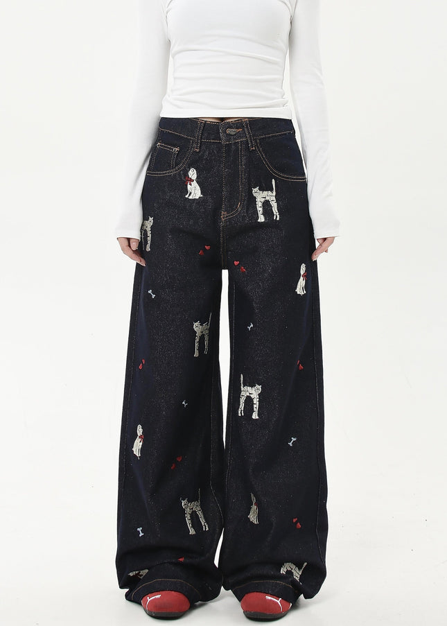 Blue Embroidered Cat Puppy Loose Leg Jeans for All - Women’s Jeans
