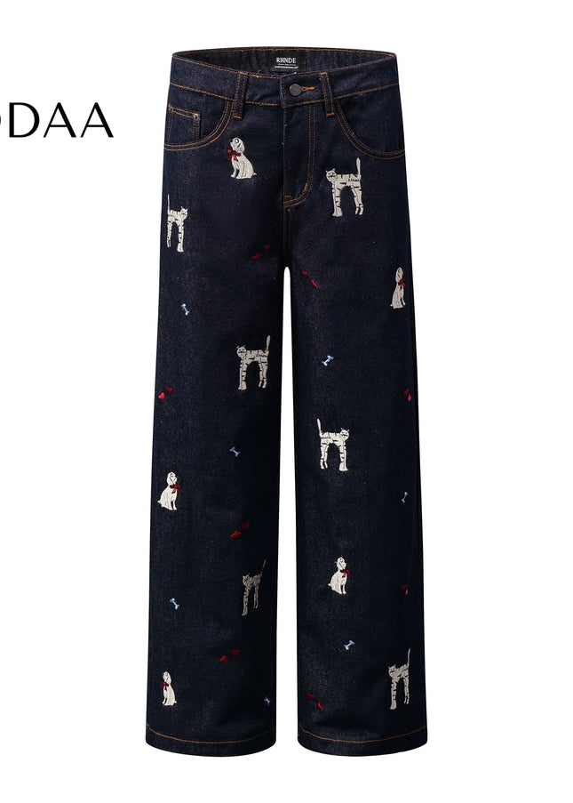 Blue Embroidered Cat Puppy Loose Leg Jeans for All - XS / Dark Blue - Women’s Jeans
