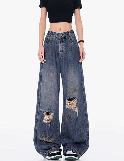 Blue Embroidered Ripped Wide Leg Jeans - S / Dark Blue - Women’s Jeans