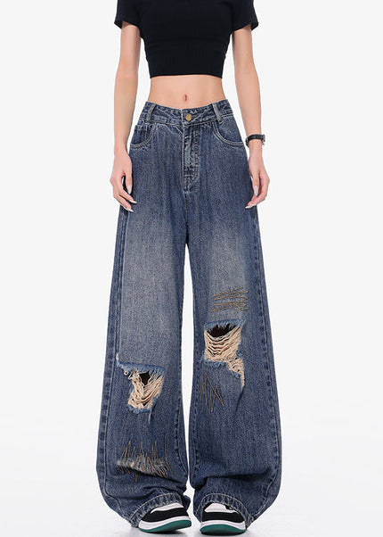 Blue Embroidered Ripped Wide Leg Jeans - S / Dark Blue - Women’s Jeans