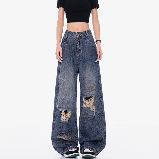 Blue Embroidered Ripped Wide Leg Jeans - S / Dark Blue - Women’s Jeans