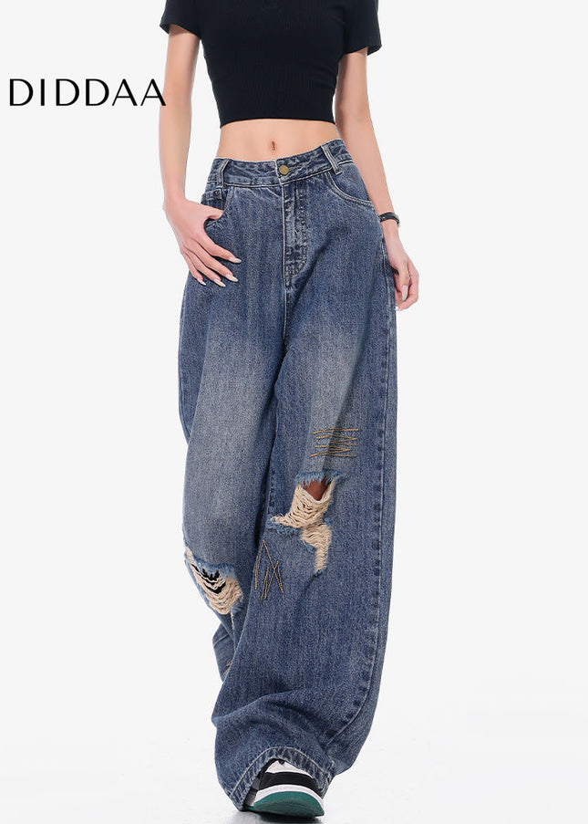 Blue Embroidered Ripped Wide Leg Jeans - Women’s Jeans