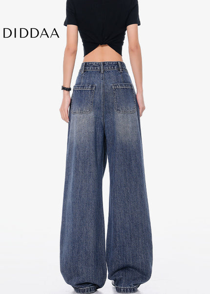 Blue Embroidered Ripped Wide Leg Jeans - Women’s Jeans