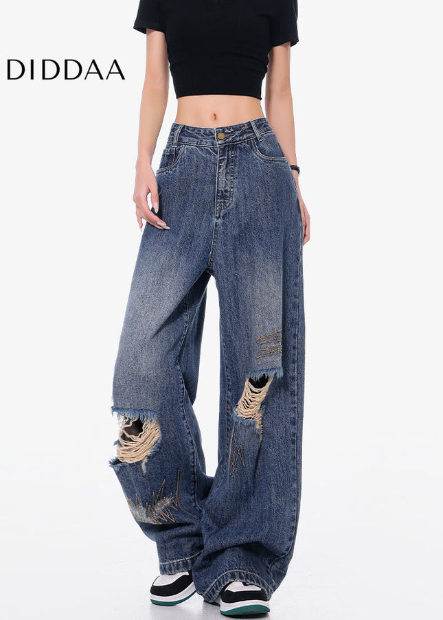 Blue Embroidered Ripped Wide Leg Jeans - Women’s Jeans