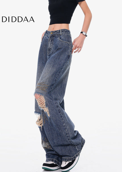 Blue Embroidered Ripped Wide Leg Jeans - Women’s Jeans