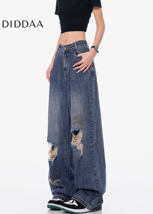 Blue Embroidered Ripped Wide Leg Jeans - Women’s Jeans