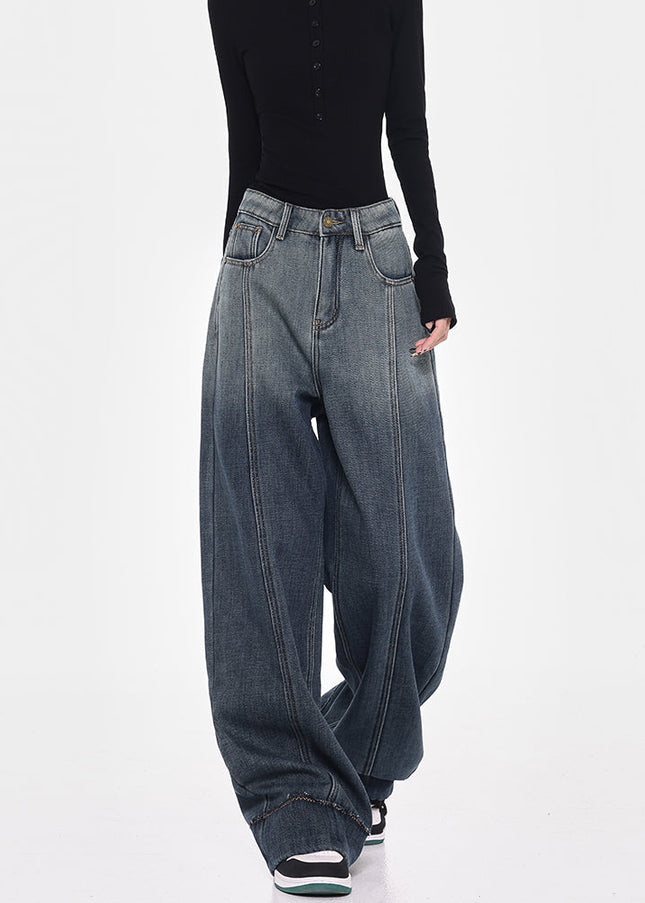 Blue Fleece Loose Wide-Leg Jeans with Smudge Design - Women’s Jeans