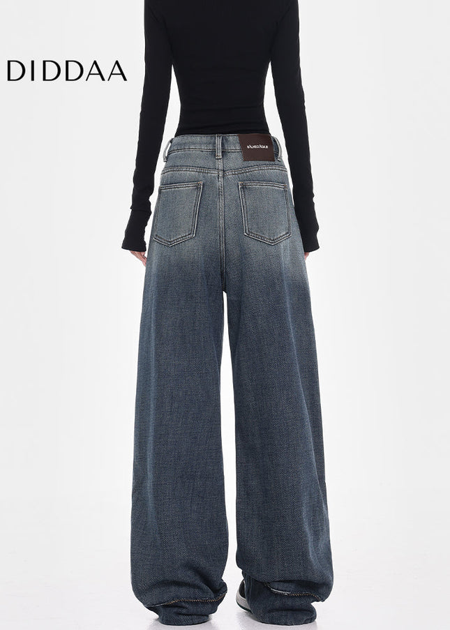 Blue Fleece Loose Wide-Leg Jeans with Smudge Design - Women’s Jeans