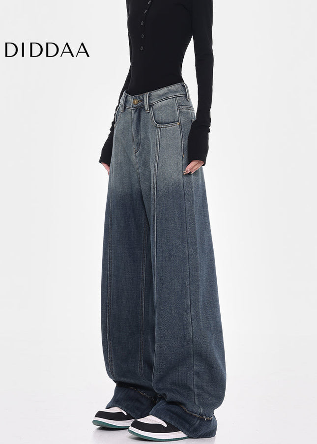 Blue Fleece Loose Wide-Leg Jeans with Smudge Design - Women’s Jeans