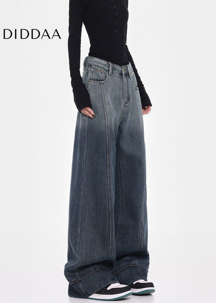 Blue Fleece Loose Wide-Leg Jeans with Smudge Design - Women’s Jeans