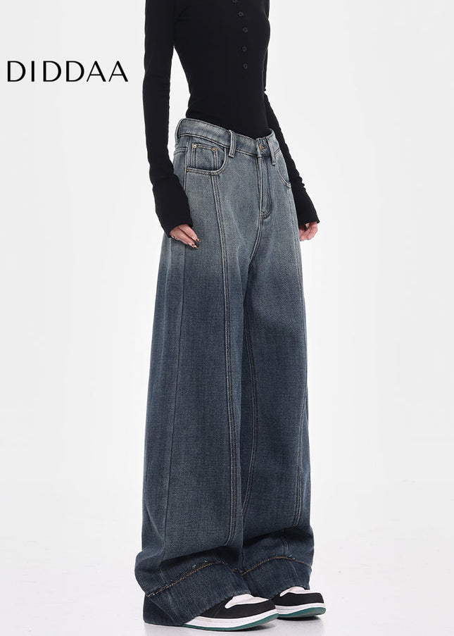 Blue Fleece Loose Wide-Leg Jeans with Smudge Design - Women’s Jeans