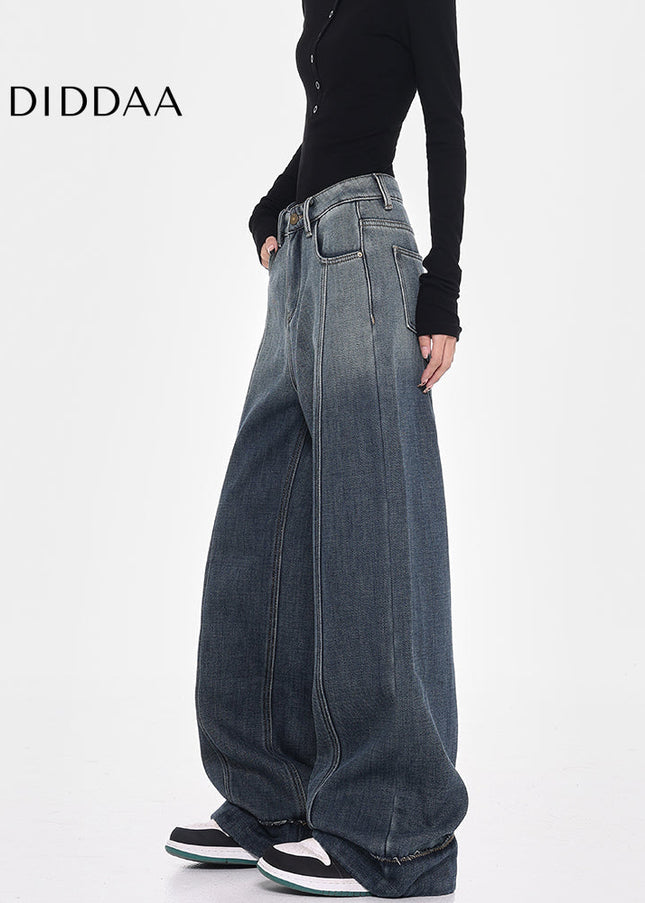 Blue Fleece Loose Wide-Leg Jeans with Smudge Design - Women’s Jeans