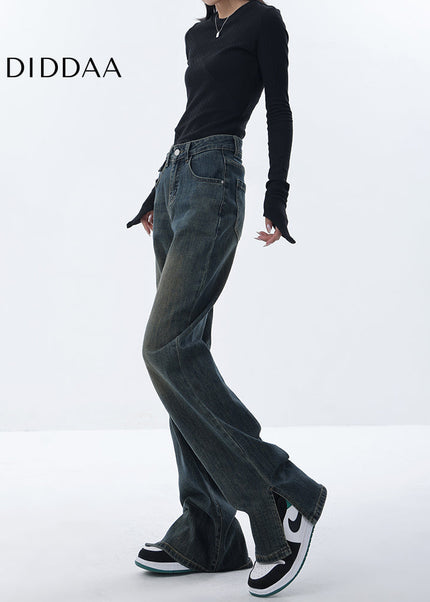 Blue Fleece Slit Design Casual Straight Pants - Women’s Jeans