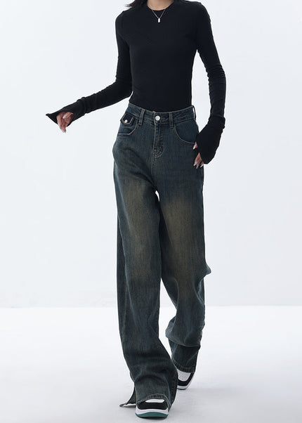Blue Fleece Slit Design Casual Straight Pants - Women’s Jeans