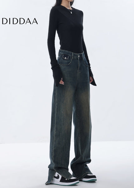 Blue Fleece Slit Design Casual Straight Pants - Women’s Jeans