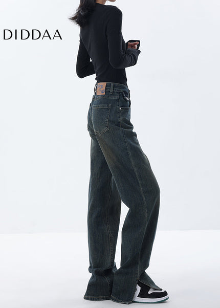 Blue Fleece Slit Design Casual Straight Pants - Women’s Jeans