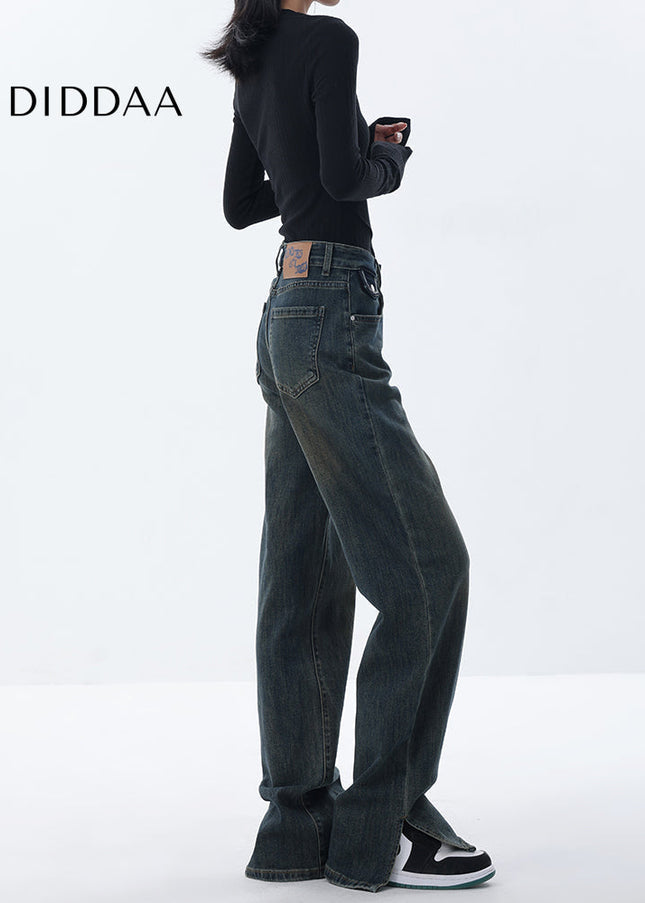 Blue Fleece Slit Design Casual Straight Pants - Women’s Jeans