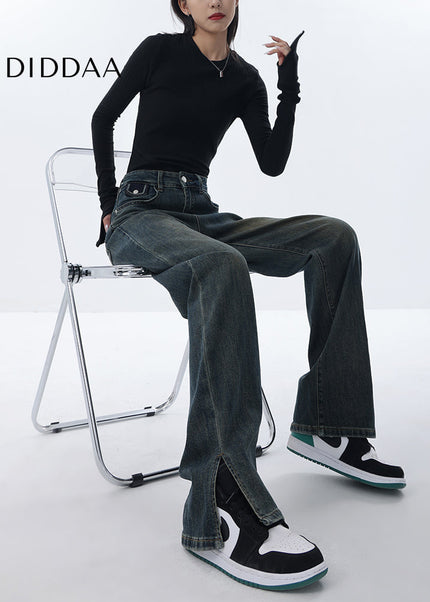 Blue Fleece Slit Design Casual Straight Pants - Women’s Jeans