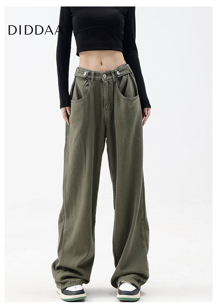 Blue Fleece Vintage Loose Straight Leg Jeans - S / Green - Women’s Jeans