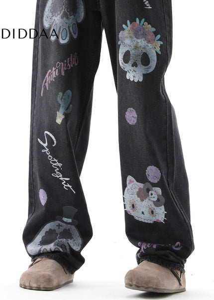 Blue Fun Cartoon Print Loose Wide-Leg Jeans - Men’s Jeans