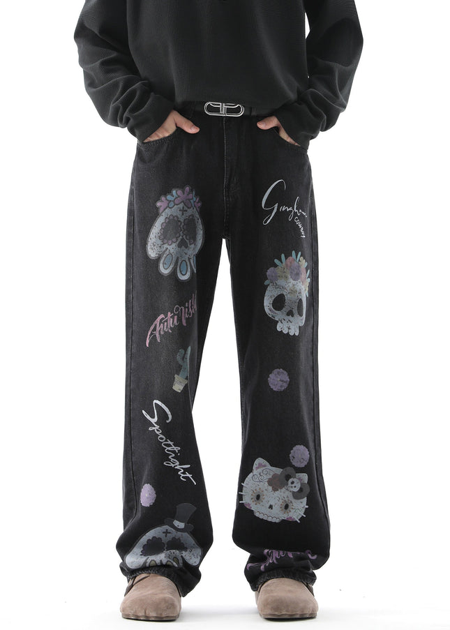 Blue Fun Cartoon Print Loose Wide-Leg Jeans - Men’s Jeans