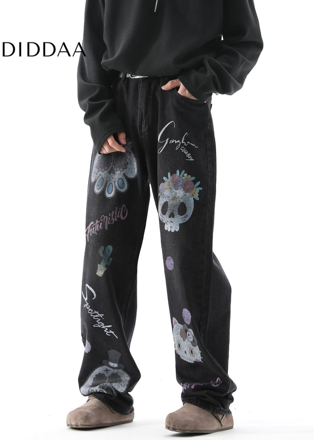 Blue Fun Cartoon Print Loose Wide-Leg Jeans - Men’s Jeans