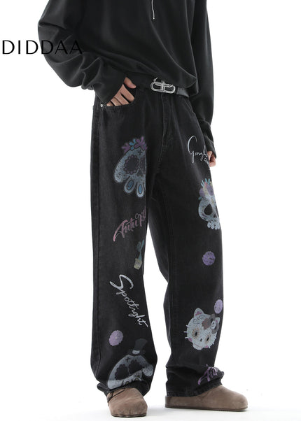Blue Fun Cartoon Print Loose Wide-Leg Jeans - Men’s Jeans