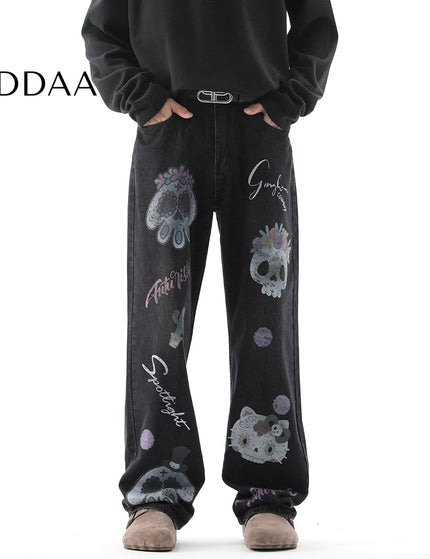 Blue Fun Cartoon Print Loose Wide-Leg Jeans - S / Black - Men’s Jeans