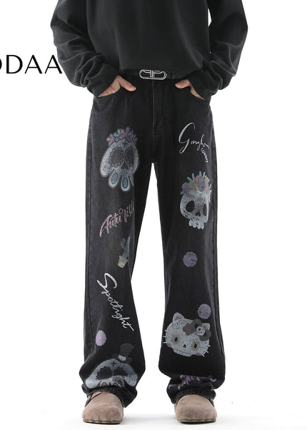 Blue Fun Cartoon Print Loose Wide-Leg Jeans - S / Black - Men’s Jeans