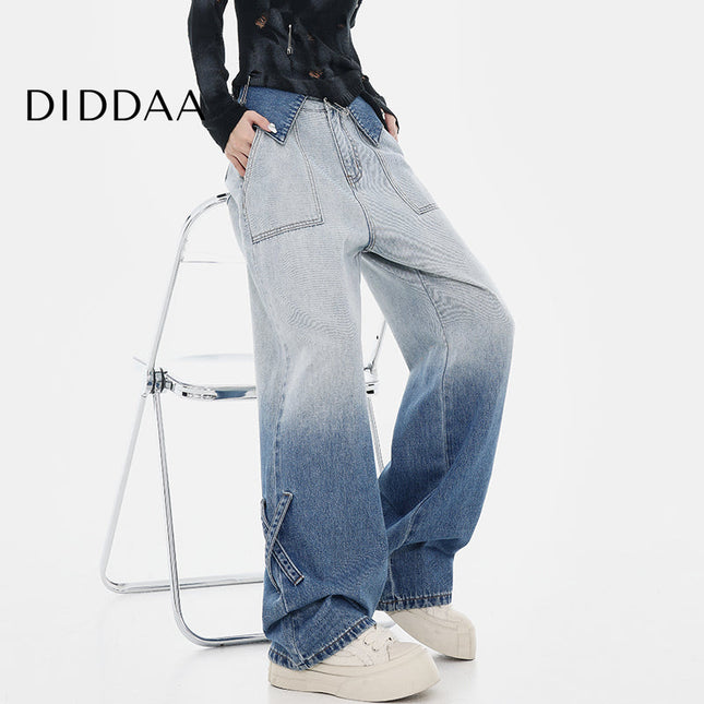 Blue Gradient High Waist Wide Leg Straight Jeans Female - S / Blue - Women’s Jeans