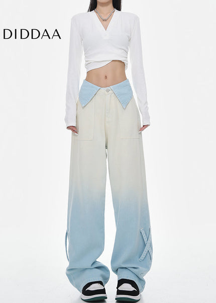 Blue Gradient High Waist Wide Leg Straight Jeans Female - Women’s Jeans