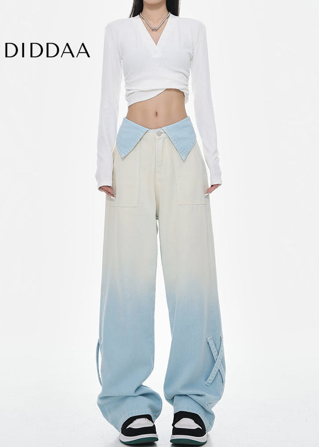 Blue Gradient High Waist Wide Leg Straight Jeans Female - Women’s Jeans