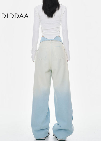 Blue Gradient High Waist Wide Leg Straight Jeans Female - Women’s Jeans