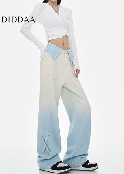 Blue Gradient High Waist Wide Leg Straight Jeans Female - Women’s Jeans