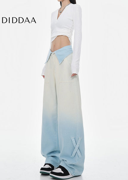 Blue Gradient High Waist Wide Leg Straight Jeans Female - Women’s Jeans
