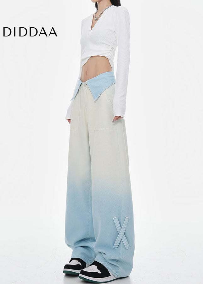 Blue Gradient High Waist Wide Leg Straight Jeans Female - Women’s Jeans