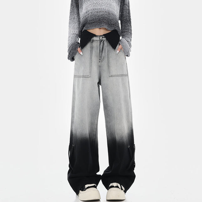 Blue Gradient High Waist Wide Leg Straight Jeans Female - XS / Black - Women’s Jeans