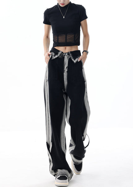 Blue Gradient Turned-Up Waistband Loose Slim Jeans - Women’s Jeans