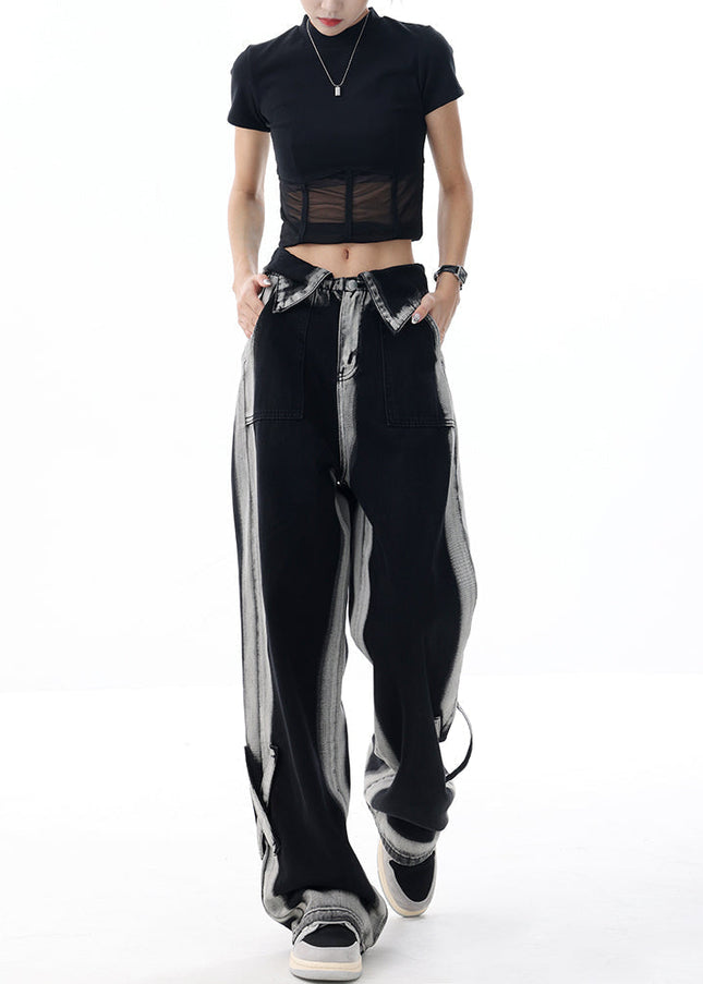 Blue Gradient Turned-Up Waistband Loose Slim Jeans - Women’s Jeans