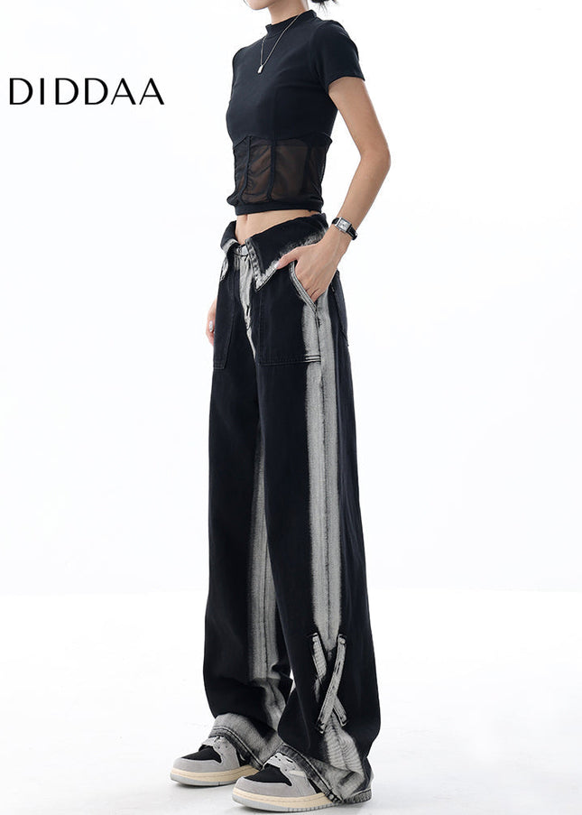 Blue Gradient Turned-Up Waistband Loose Slim Jeans - Women’s Jeans