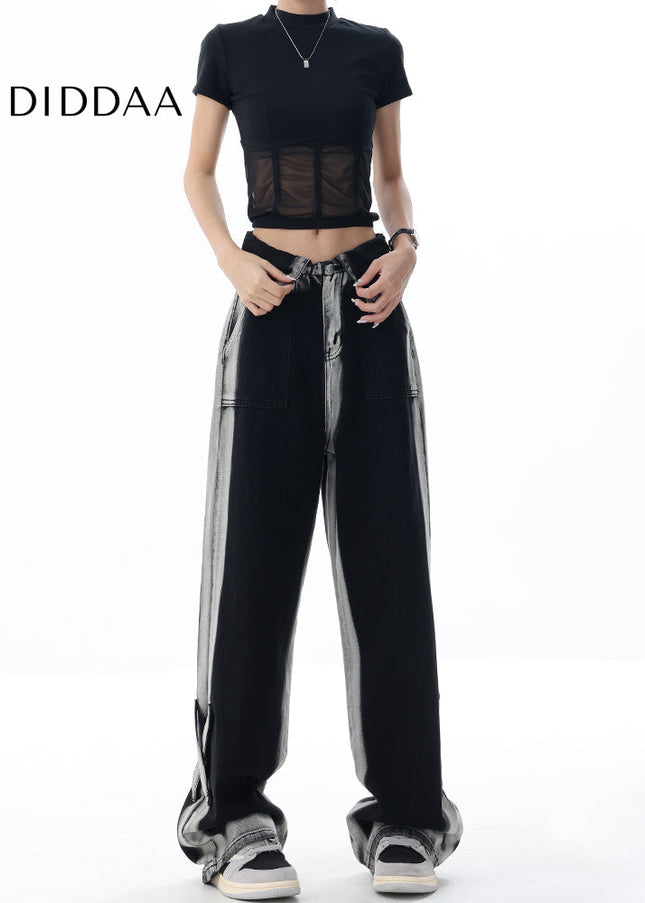 Blue Gradient Turned-Up Waistband Loose Slim Jeans - Women’s Jeans
