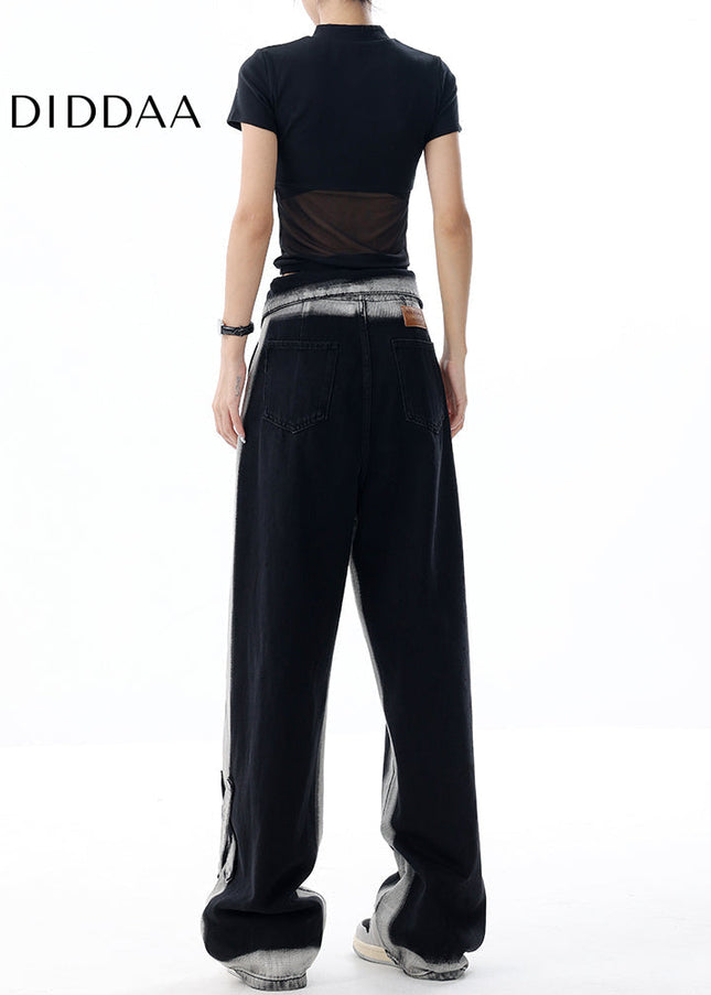 Blue Gradient Turned-Up Waistband Loose Slim Jeans - Women’s Jeans
