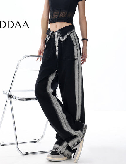 Blue Gradient Turned-Up Waistband Loose Slim Jeans - XS / Black - Women’s Jeans