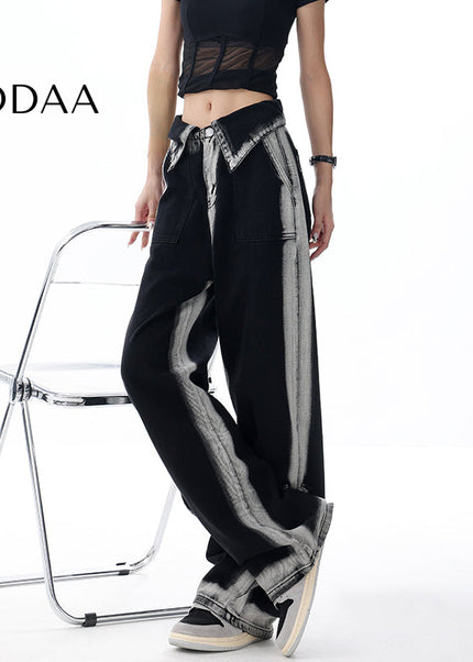Blue Gradient Turned-Up Waistband Loose Slim Jeans - XS / Black - Women’s Jeans