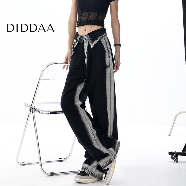 Blue Gradient Turned-Up Waistband Loose Slim Jeans - XS / Black - Women’s Jeans