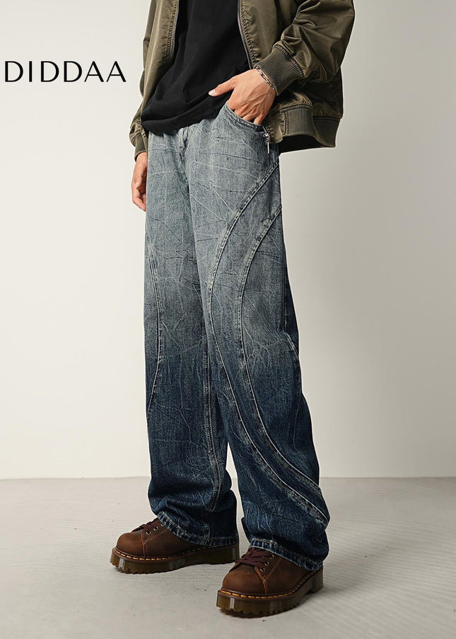 Blue Gradient Wash Loose Wide-Leg Jeans for Men - Men’s Jeans