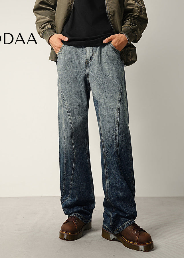 Blue Gradient Wash Loose Wide-Leg Jeans for Men - S / Mid Blue - Men’s Jeans