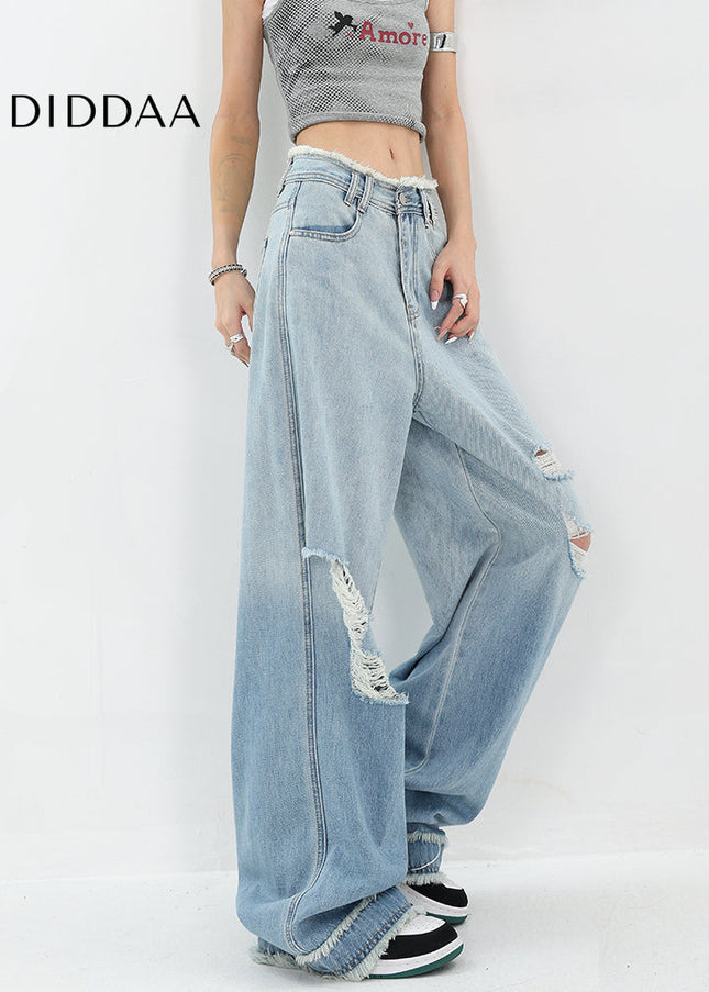 Blue Gradient Wash Ripped Jeans Women’s Raw Edge Design - Women’s Jeans